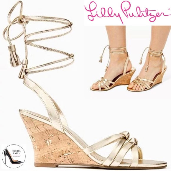 Lilly Pulitzer Casey Gold Metallic Leather Ankle Strap Heels Cork Wedge Sandal 7 - Picture 2 of 14